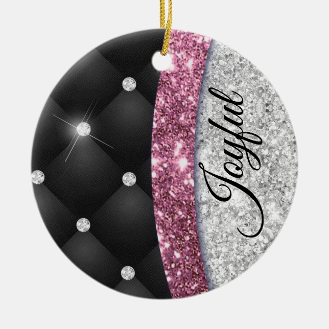 Chic girly faux Silver glitter black pink monogram Ceramic Ornament (Front)
