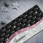 Chic girly faux Silver glitter black pink monogram Desk Mat<br><div class="desc">Chic girly faux Silver glitter black pink monogram Desk mat. Add a touch of glitter and glam to your home office or dorm with this elegant desk mat. To make it extra special, it is also monogrammed and personalized with name or initials. click the "customize further" link and use the...</div>
