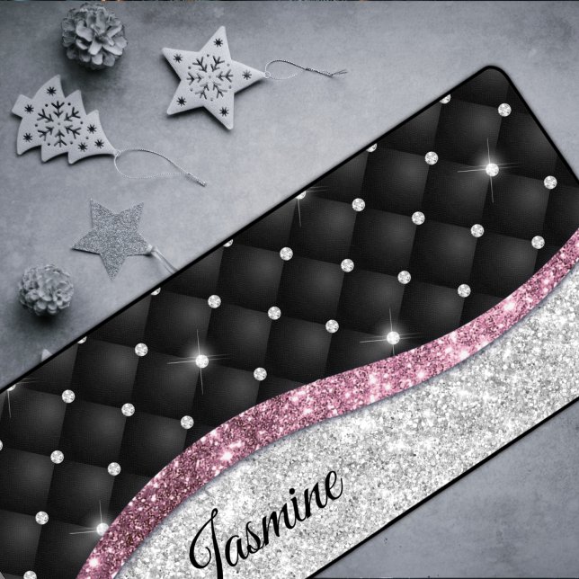 Chic girly faux Silver glitter black pink monogram Desk Mat (Creator Uploaded)