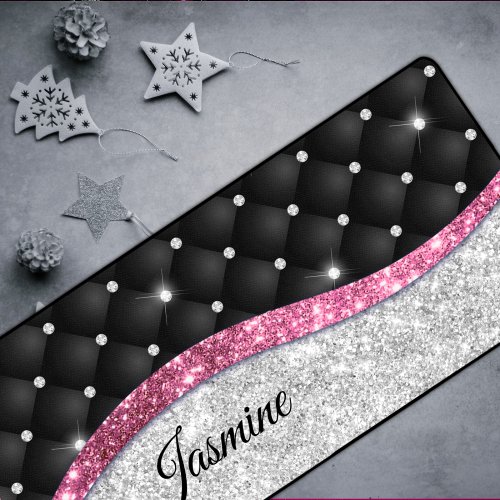 Chic girly faux Silver glitter black pink monogram Desk Mat