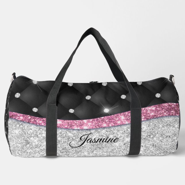 Chic girly faux Silver glitter black pink monogram Duffle Bag (Front)