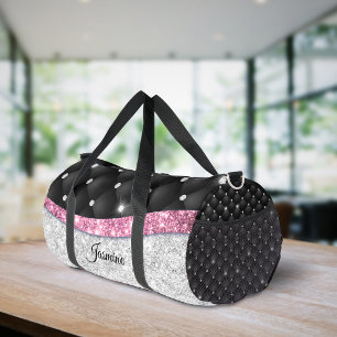 Chic girly faux Silver glitter black pink monogram Duffle Bag