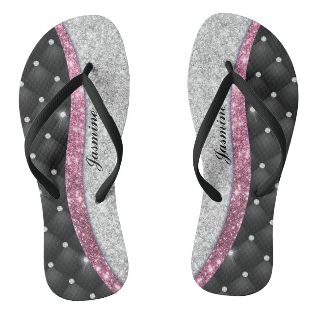 Chic girly faux Silver glitter black pink monogram Flip Flops (Footbed)