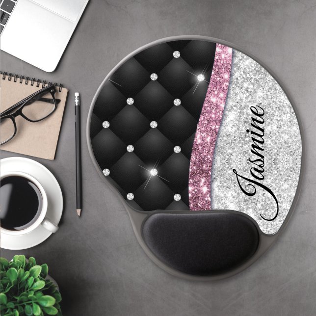 Chic girly faux Silver glitter black pink monogram Gel Mouse Pad (Creator Uploaded)