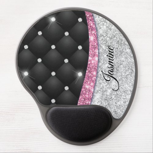 Chic girly faux Silver glitter black pink monogram Gel Mouse Pad