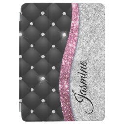 Chic girly faux Silver glitter black pink monogram iPad Air Cover