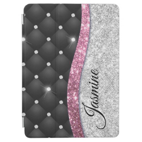 Chic girly faux Silver glitter black pink monogram iPad Air Cover