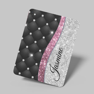 Chic girly faux Silver glitter black pink monogram iPad Mini Cover