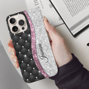Chic girly faux Silver glitter black pink monogram iPhone 16 Pro Case