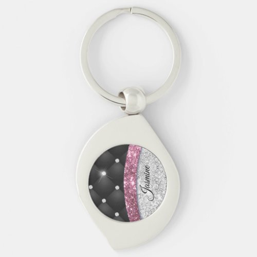 Chic girly faux Silver glitter black pink monogram Keychain