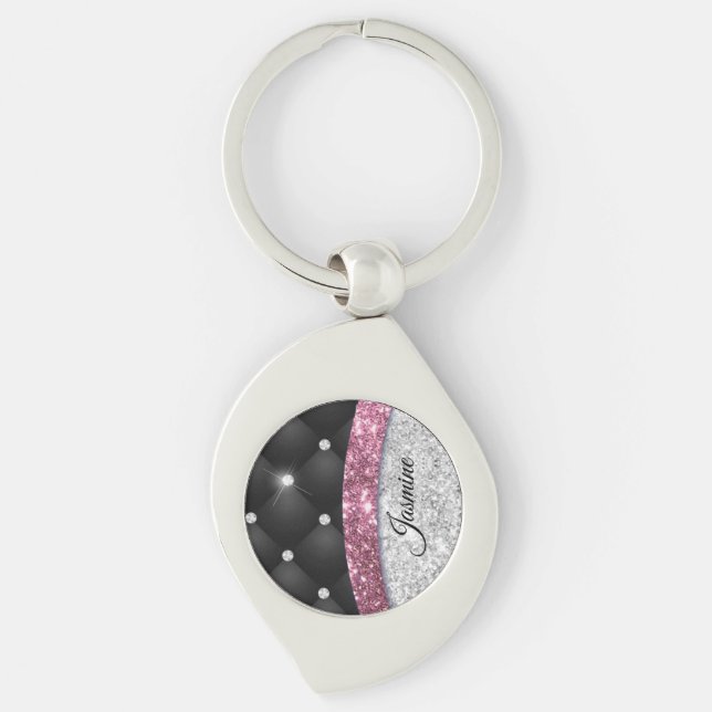 Chic girly faux Silver glitter black pink monogram Keychain (Front)