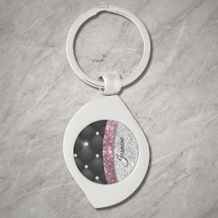 Chic girly faux Silver glitter black pink monogram Keychain