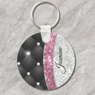 Chic girly faux Silver glitter black pink monogram Keychain