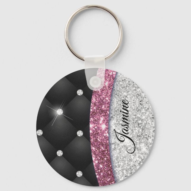 Chic girly faux Silver glitter black pink monogram Keychain (Front)