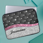 Chic girly faux Silver glitter black pink monogram Laptop Sleeve<br><div class="desc">Pretty chic and elegant girly faux silver glitter and rhinestones bling to create a special unique stylish laptop sleeve. Beautiful, modern and cool pillow for the trend-savvy and art-loving hip trendsetter. Easily personalize this trendy chic laptop sleeve with your name. This stylish design would be great for girls who enjoy...</div>