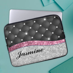 Chic girly faux Silver glitter black pink monogram Laptop Sleeve