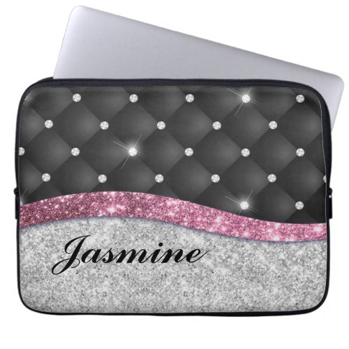 Chic girly faux Silver glitter black pink monogram Laptop Sleeve