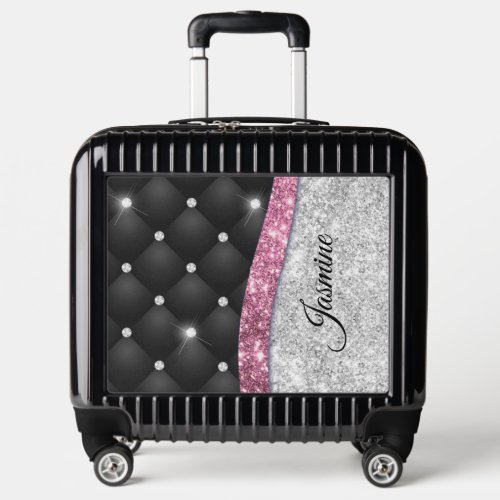 Chic girly faux Silver glitter black pink monogram Luggage