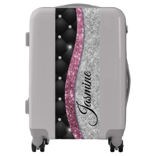 Chic girly faux Silver glitter black pink monogram Luggage