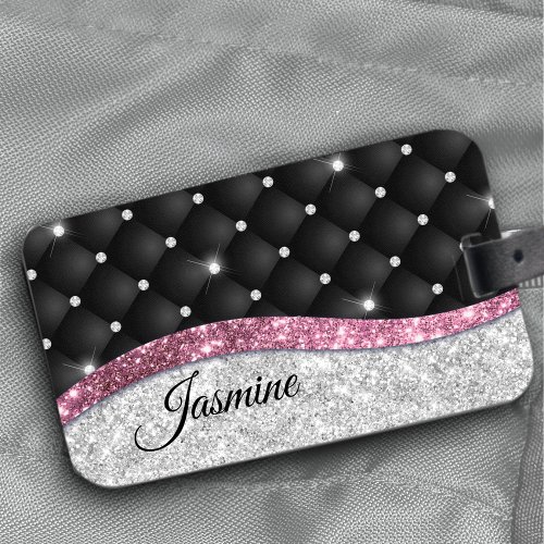 Chic girly faux Silver glitter black pink monogram Luggage Tag