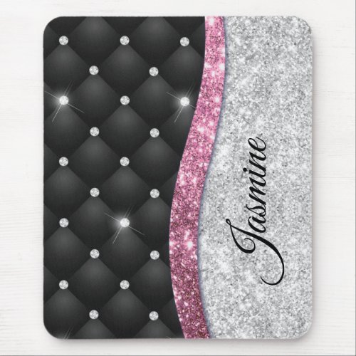 Chic girly faux Silver glitter black pink monogram Mouse Pad