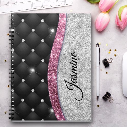 Chic girly faux Silver glitter black pink monogram Notebook
