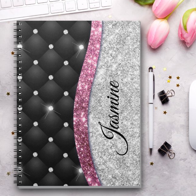 Chic girly faux Silver glitter black pink monogram Notebook (Creator Uploaded)