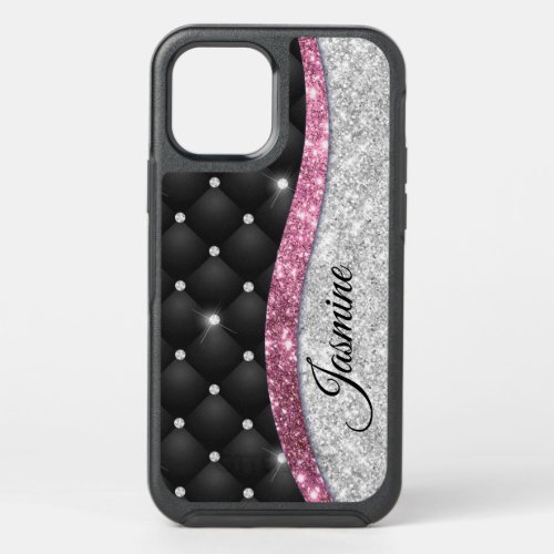 Chic girly faux Silver glitter black pink monogram OtterBox Symmetry iPhone 12 Pro Case
