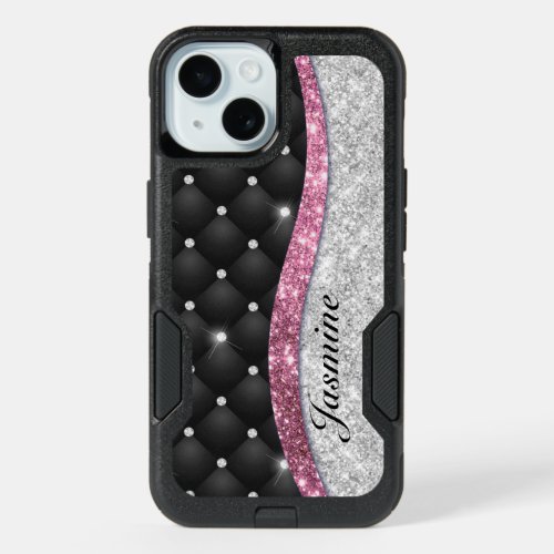 Chic girly faux Silver glitter black pink monogram iPhone 15 Case