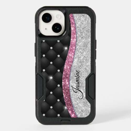 Chic girly faux Silver glitter black pink monogram OtterBox iPhone 14 Case