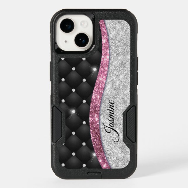 Chic girly faux Silver glitter black pink monogram Otterbox iPhone Case (Back)