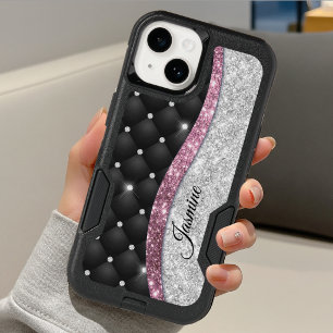 Chic girly faux Silver glitter black pink monogram OtterBox iPhone 14 Case