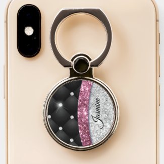 Chic girly faux Silver glitter black pink monogram
