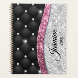 Chic girly faux Silver glitter black pink monogram Planner