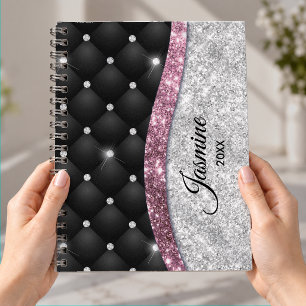 Chic girly faux Silver glitter black pink monogram Planner