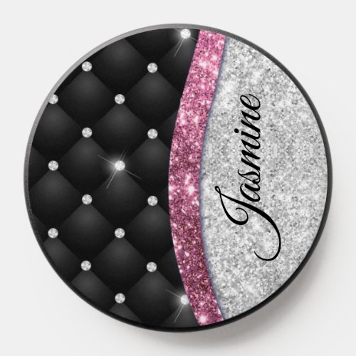 Chic girly faux Silver glitter black pink monogram PopSocket