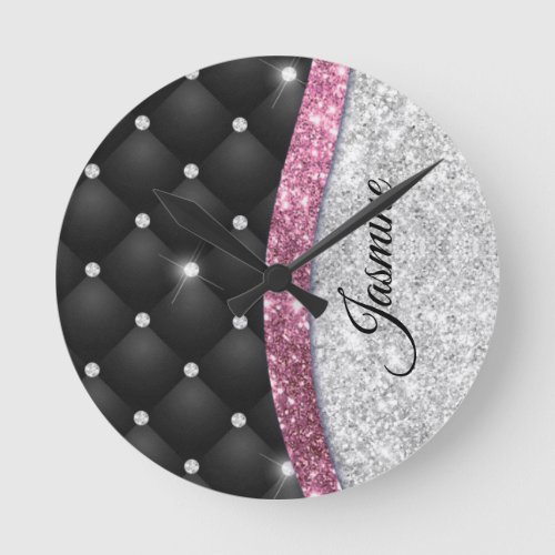 Chic girly faux Silver glitter black pink monogram Round Clock