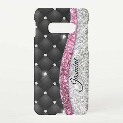 Chic girly faux Silver glitter black pink monogram Samsung Galaxy S10E Case