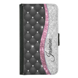 Chic girly faux Silver glitter black pink monogram Samsung Galaxy S5 Wallet Case