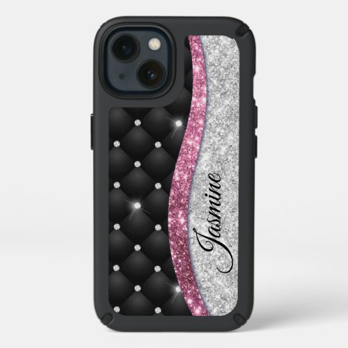 Chic girly faux Silver glitter black pink monogram Speck iPhone 13 Case