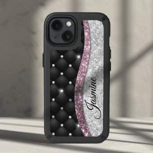 Chic girly faux Silver glitter black pink monogram Speck iPhone 13 Case