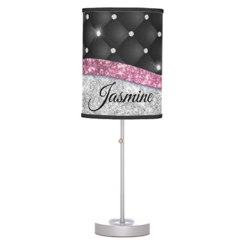 Chic girly faux Silver glitter black pink monogram Table Lamp