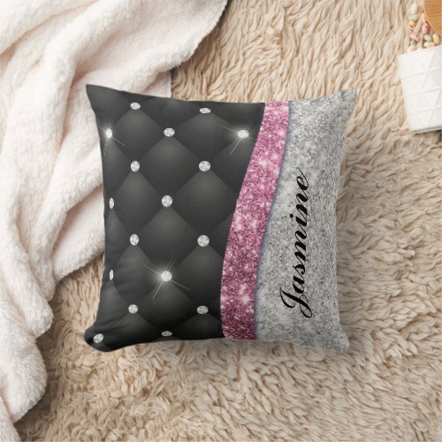 Chic girly faux Silver glitter black pink monogram Throw Pillow