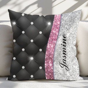 Chic girly faux Silver glitter black pink monogram Throw Pillow
