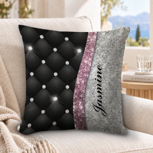 Chic girly faux Silver glitter black pink monogram Throw Pillow