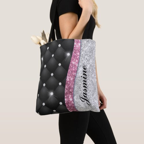 Chic girly faux Silver glitter black pink monogram Tote Bag