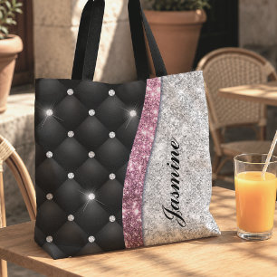 Chic girly faux Silver glitter black pink monogram Tote Bag
