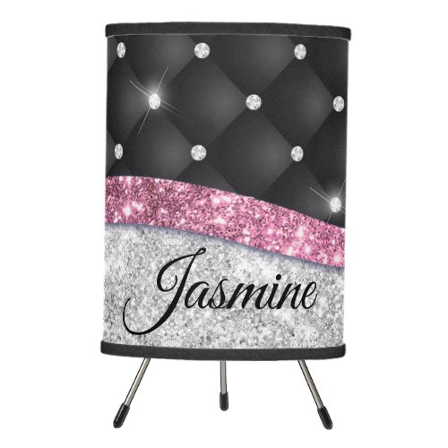 Chic girly faux Silver glitter black pink monogram Tripod Lamp