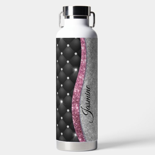 Chic girly faux Silver glitter black pink monogram Water Bottle
