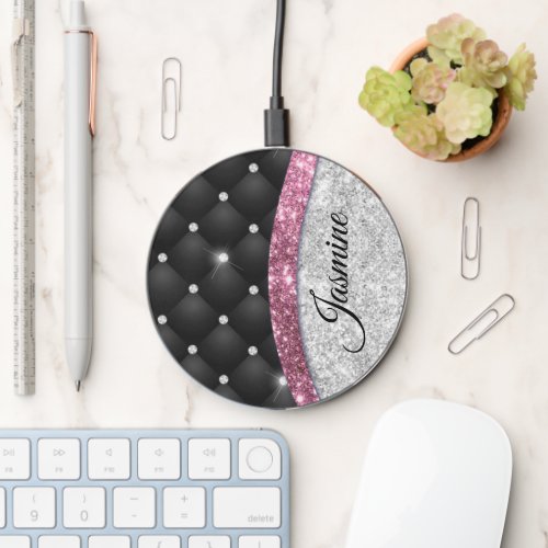 Chic girly faux Silver glitter black pink monogram Wireless Charger